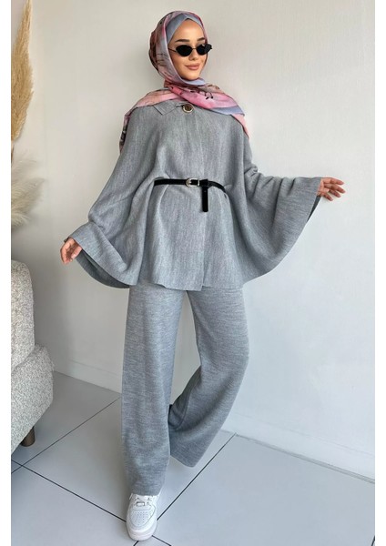 Kadın Gold Düğmeli Kemer Detaylı Triko Panço Pantolon Ikili Takım P-00019028 fiyatları