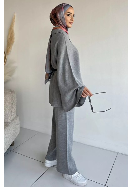 Kadın Gold Düğmeli Kemer Detaylı Triko Panço Pantolon Ikili Takım P-00019028 modelleri