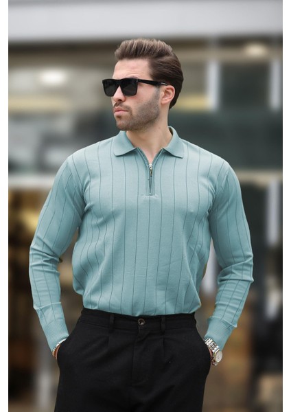 Mavi Polo Yaka Fermuarlı Örme Kazak 7242 fiyatları