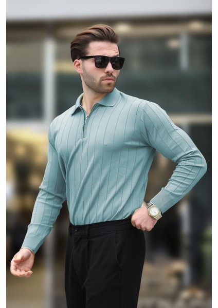 Mavi Polo Yaka Fermuarlı Örme Kazak 7242 modelleri