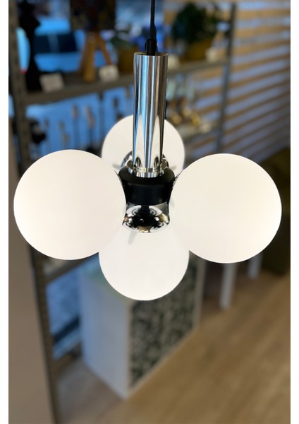 Globe Black & Silver 3+1 Beyaz Cam Avize