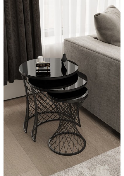 Hasır Zigon Sehpa Siyah Ayak Siyah Ayna