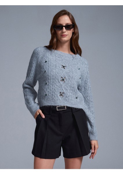 10462 Bisiklet Yaka Önü Taş Işlemeli Kazak-Koyu Gri modelleri