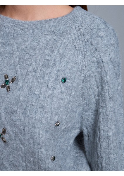 10462 Bisiklet Yaka Önü Taş Işlemeli Kazak-Koyu Gri fırsatları