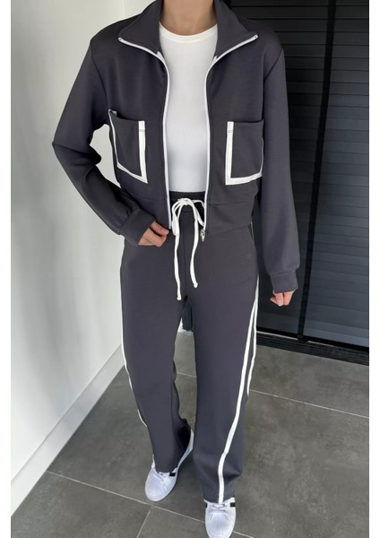 Kadın Ön Fermuarlı Çift Cepli Şerit Desenli Sweat Bel Lastikli Pantolon Ikili Takım P-00019064