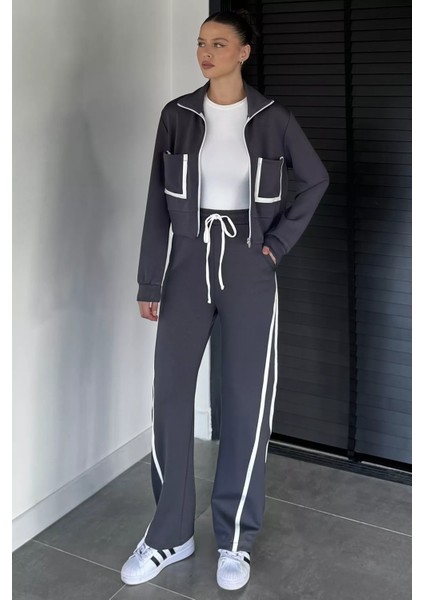 Kadın Ön Fermuarlı Çift Cepli Şerit Desenli Sweat Bel Lastikli Pantolon Ikili Takım P-00019064 fiyatları