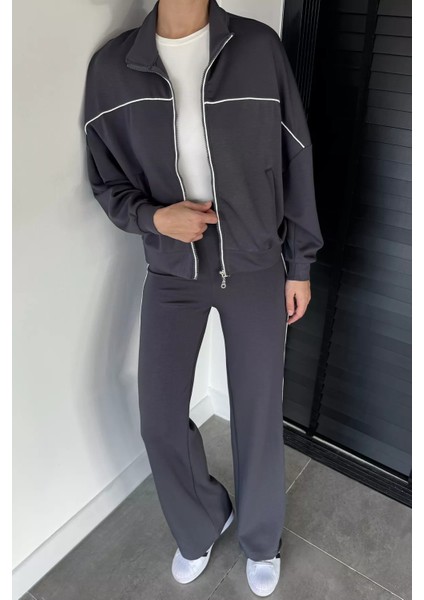 Kadın Şerit Detaylı Ön Fermuarlı Oversize Sweat Bel Lastikli Pantolon Ikili Takım P-00019065
