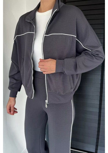 Kadın Şerit Detaylı Ön Fermuarlı Oversize Sweat Bel Lastikli Pantolon Ikili Takım P-00019065 fiyatları