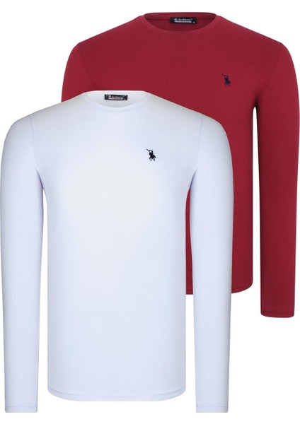 Ikili Set T8588 Dewberry Yuvarlak Yaka Erkek Sweatshırt-Beyaz-Bordo