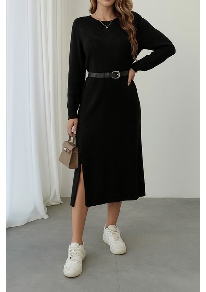 Kadın Uzun Kollu Bisiklet Yaka Yandan Yırtmaçlı Midi Triko Elbise modelleri