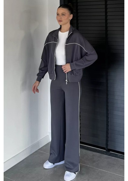 Kadın Şerit Detaylı Ön Fermuarlı Oversize Sweat Bel Lastikli Pantolon Ikili Takım P-00019065 modelleri