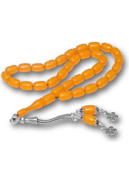 Gümüş Püsküllü Sarı Kapsül Kesim Sıkma Kehribar Tesbih