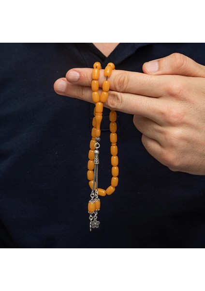 Gümüş Püsküllü Sarı Kapsül Kesim Sıkma Kehribar Tesbih modelleri