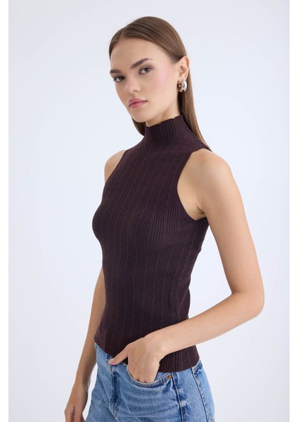 Dik Yaka Örgü Desen Sıfır Kol Triko Bluz modelleri