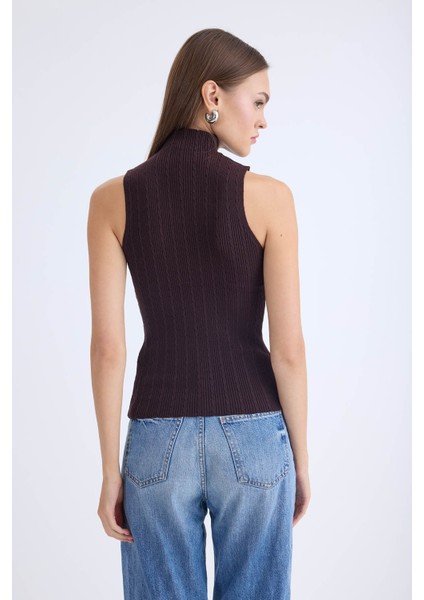 Dik Yaka Örgü Desen Sıfır Kol Triko Bluz indirimleri