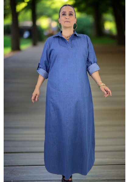 Polo Yaka Katlanır Kol Iki Yanda Yırtmaç Detay Rahat Kalıp Büyük Beden Kot Elbise