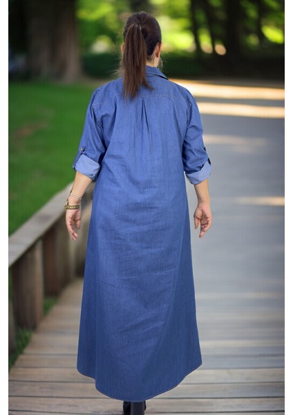 Polo Yaka Katlanır Kol Iki Yanda Yırtmaç Detay Rahat Kalıp Büyük Beden Kot Elbise modelleri