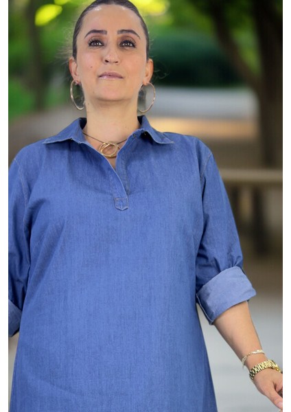 Polo Yaka Katlanır Kol Iki Yanda Yırtmaç Detay Rahat Kalıp Büyük Beden Kot Elbise fırsatları