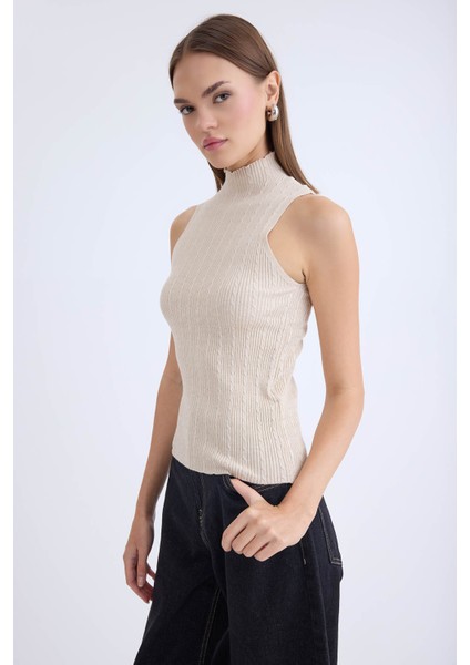 Dik Yaka Örgü Desen Sıfır Kol Triko Bluz fiyatları