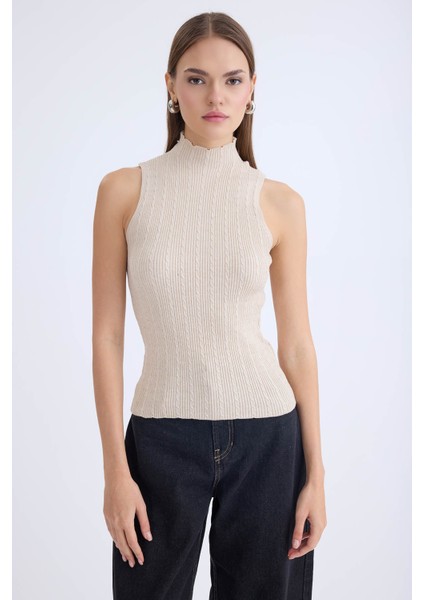 Dik Yaka Örgü Desen Sıfır Kol Triko Bluz indirimleri