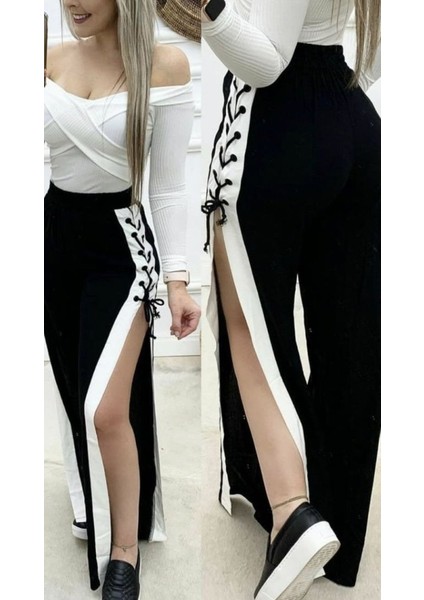 Kadın Yüksek Bel Yandan Çapraz Bağcıklı Yırtmaçlı Viskon Iki Iplik Pantolon modelleri