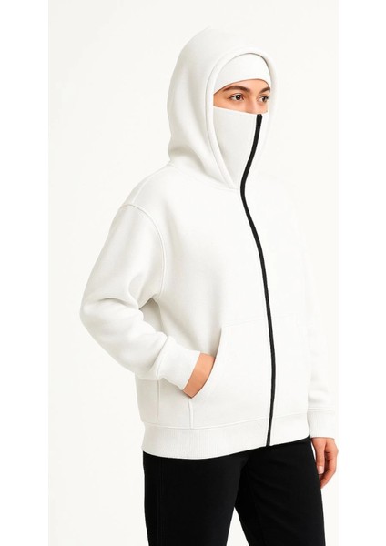Samuray Ninja Çift Kapşonlu Zıp Fermuarlı Kanguru Çepli Hoodie Maske Detaylı Swetshirt - Beyaz