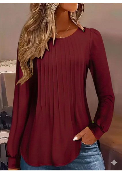 Kadın Uzun Kollu Yuvarlak Yaka Nervürlü Bluz