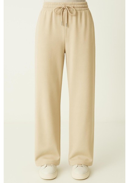 Modal Kumaş Bol Paça Pantolon - Geniş Paça Eşofman Altı Bej