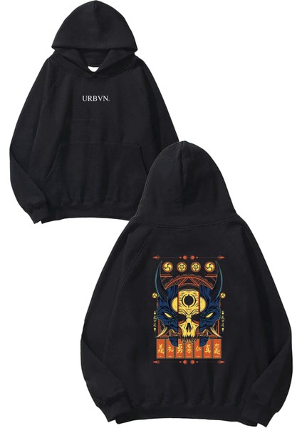 Demon Skull Tasarım Baskılı Oversize Siyah Kapüşonlu Sweatshirt