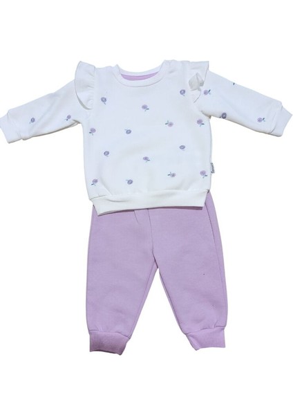 18802 Kız Bebek Serpme Çiçek Nakışlı Şardonlu Üç Iplik 2'li Takım