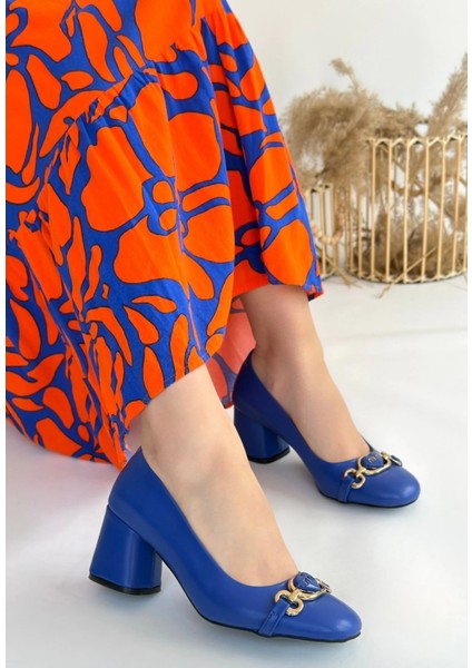 Mtxdpn Lucky Mavi Cilt Topuklu Ayakkabı (Numara: 39)