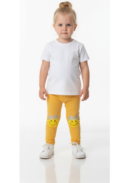 Gülen Yüz Desenli Şardonlu Kız Çocuk Tayt