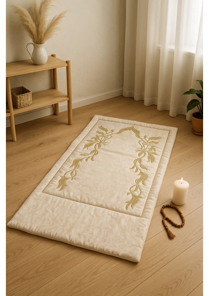 Sahra Bej Kadife Nakışlı Seccade Süngerli Yumuşak Çeyizlik Hediyelik Bohça Lüks Namazlık indirimleri