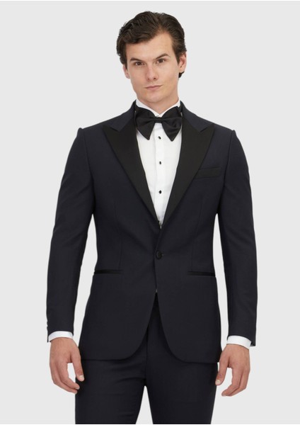 Lacivert Düz Thin&taller Slim Fit Kruvaze Yaka Dokuma Smokin Takım Elbise