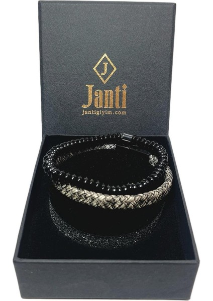 JTAW25BLK1619 Hakiki Deri Mıknatıs Kapama Onyx ve Hematit Doğaltaş Siyah - Gri Garantili Hediye Kutulu Janti Bileklik