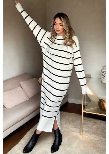 Z3059 Dewberry Womens Striped Long Sleeve Knitwear Dress-Beyaz