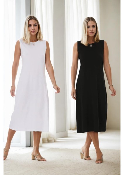 E2145 Dewberry Set Of Two Women Dresses-Siyah-Beyaz