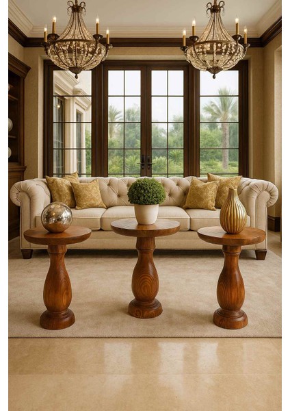 Meşe Renk Masif Ahşap Mantar Sehpa Seti – 3’lü Zigon ve Fiskos Takımı