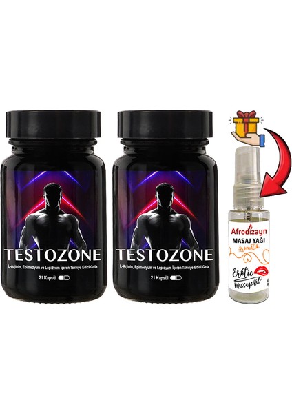 Testozone L-Argininli Epimedyumlu Lepidyumlu Erkeklerin Gücüne Testosteronuna Özel 21LI Formül + Afrodizayn Masaj Yağı 30ML