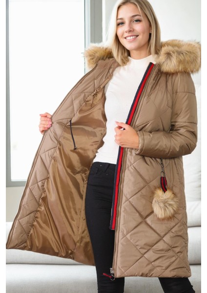 Z6646 Dewberryn Kürklü Ponponlu Bayan Kaban-Vizon-1