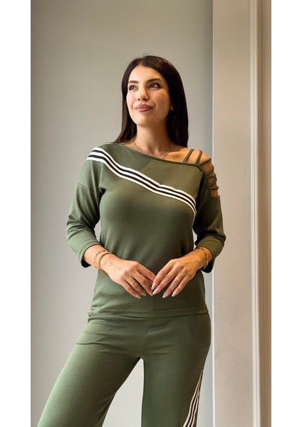 Kadın Uzun Kollu Truvakar Kol Tek Omuz Çapraz Şerit Detaylı Ribanalı Viskon Iki Iplik Bluz ve Pantolon Ikili Takım fiyatları