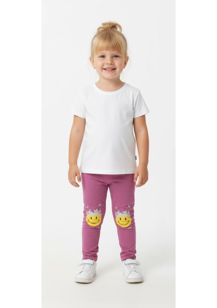 Gülen Yüz Desenli Şardonlu Kız Çocuk Tayt