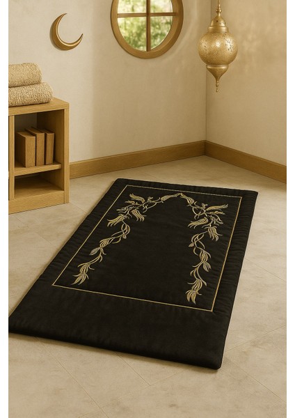 Sahra Siyah Kadife Nakışlı Seccade Süngerli Yumuşak Çeyizlik Hediyelik Bohça Lüks Namazlık