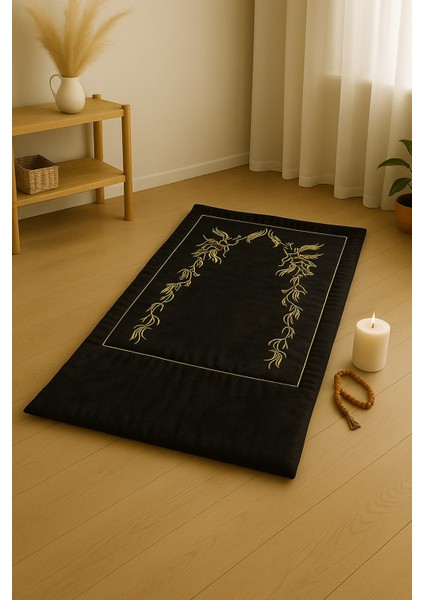 Sahra Siyah Kadife Nakışlı Seccade Süngerli Yumuşak Çeyizlik Hediyelik Bohça Lüks Namazlık indirimleri