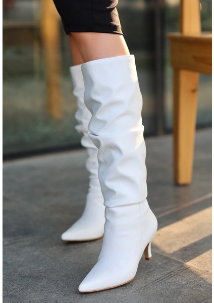 Mtxdpn Zelya Beyaz Cilt Topuklu Çizme (Numara: 37)