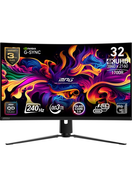 Msı 31.5 Mpg 321CURX Qd-Oled 3840X2160 (Uhd) 16:9 Curve 1700R Qd-Oled 240HZ 0.03MS (Gtg) G-Sync Compatıble Gamıng Monıtor
