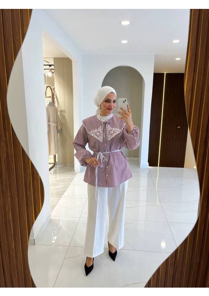 Nakış Detaylı Bel Bağlamalı Kol Lastik Basıc Gömlek indirimleri