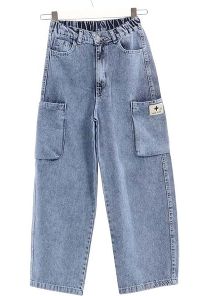 417786 Palazzo Kargo Cepli Kız Kot Pantolon 8Y,9Y,10Y,11Y - Mavi - 8-9 Yaş