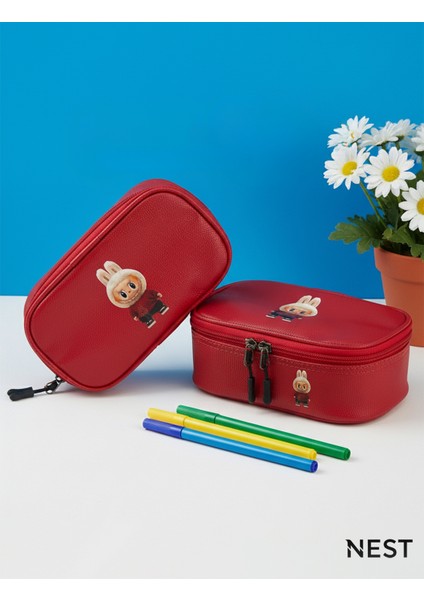 Labubu Baskılı Suni Deri Lüks Kırmızı Kalem Kutusu Kalemlik Kırtasiye Okul