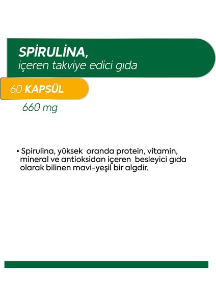 Spirulina İçeren Takviye Edici Gıda 60 Kapsül 660 mg fiyatları